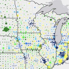 A map of the Midwest showing data points by county.