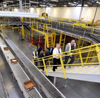 Conveyor belts at an Amazon warehouse in Baltimore, Maryland.
                  