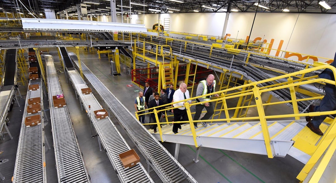 Conveyor belts at an Amazon warehouse in Baltimore, Maryland.