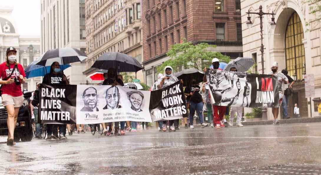 Black workers march in Philadelphia calling for justice for workers and George Floyd in the wake of his murder.