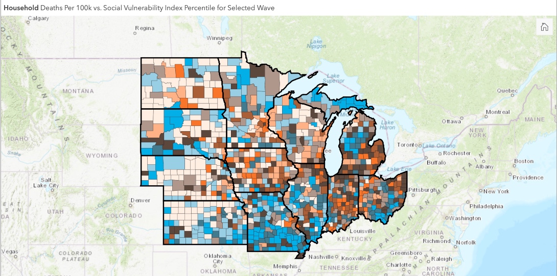 A map showing the first wave of household population deaths during the COVID-19 pandemic in the Midwest.