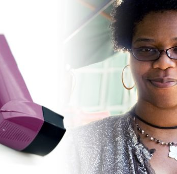 An image of an inhaler, next to an image of a smiling Black woman.
                  