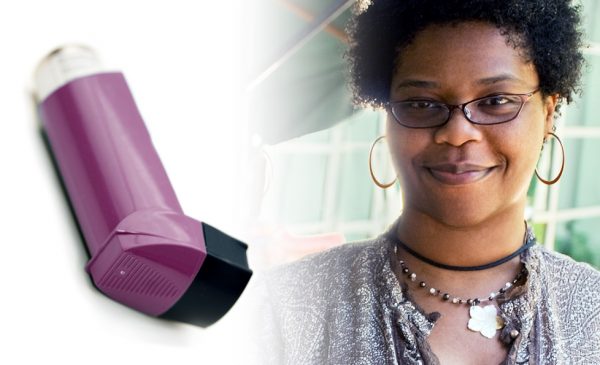 An image of an inhaler, next to an image of a smiling Black woman.