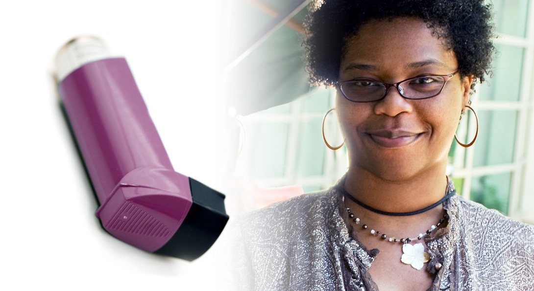 An image of an inhaler, next to an image of a smiling Black woman.