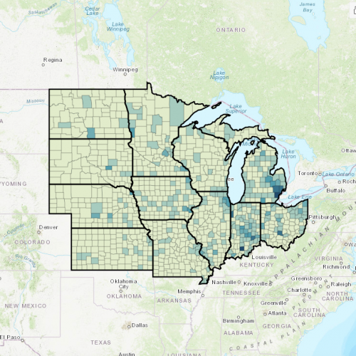 A map of Midwestern states showing cumulative fatality rates for COVID-19 by county.