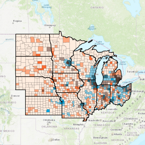 A map showing the density of population in counties versus fatalities in waves of COVID-19 infections.