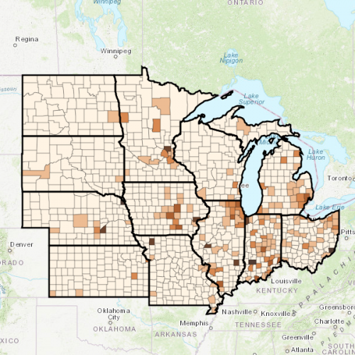 A map showing the progression of waves of COVID-19 infections across Midwestern counties.