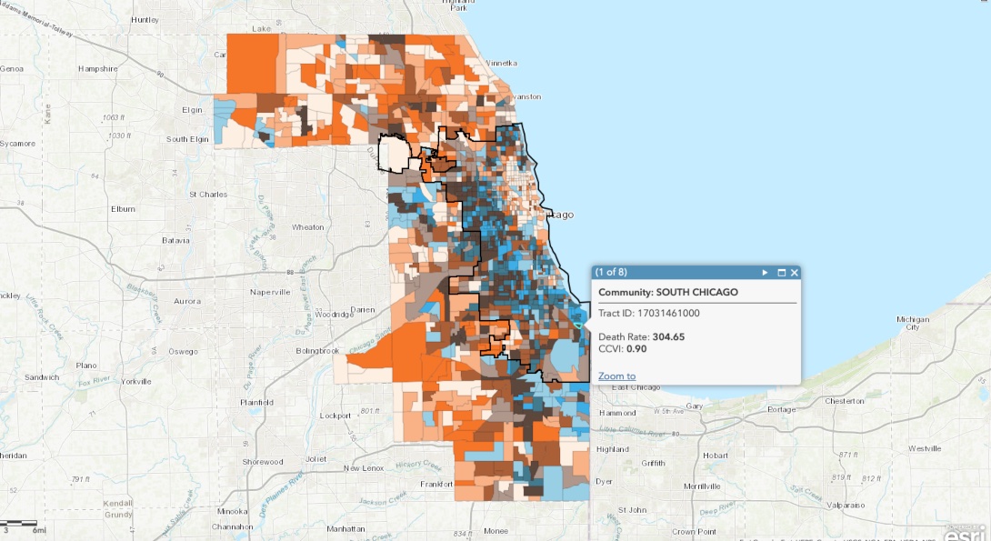 A map showing a COVID-19 community vulnerability index and COVID-19 deaths by census tracts in Cook County.