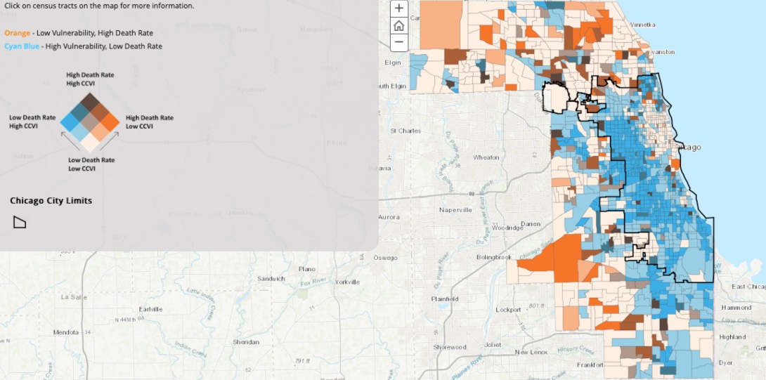 A map showing a COVID-19 Community Vulnerability Index plotted with long-term care facility COVID-19 deaths across Cook County.