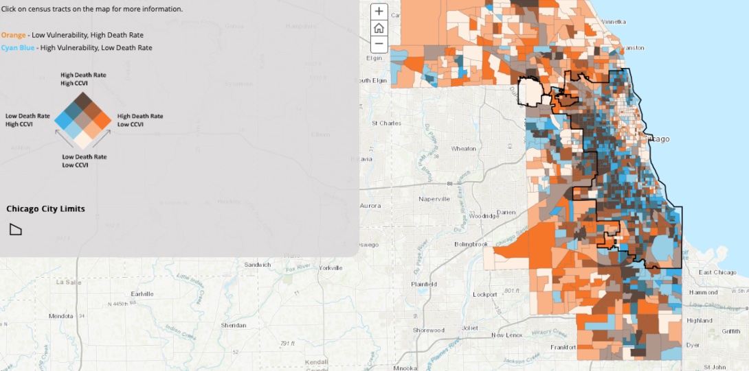 A map showing a COVID-19 Community Vulnerability Index plotted with household population COVID-19 deaths across Cook County.