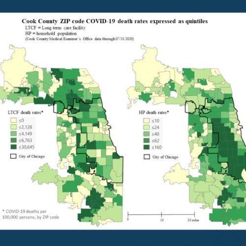 Maps of Chicago showing the concentration of COVID-19 deaths in community areas.