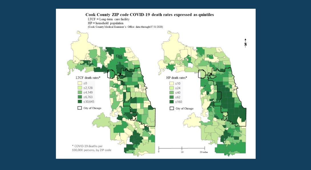 Two maps show the pattern of long term care facility and household population deaths in Cook County by Zip code during the COVID-19 pandemic.  The graphs indicate that the pattern of deaths across the county is different for the two populations.