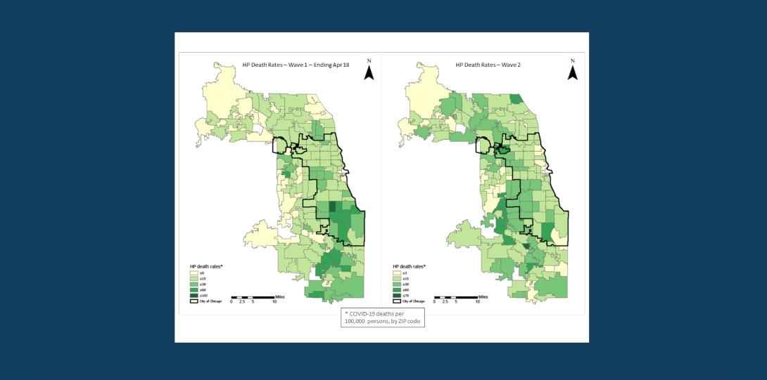 Two maps show the volume of deaths per zip code in Cook County for household populations during the first and second waves of the COVID-19 pandemic.