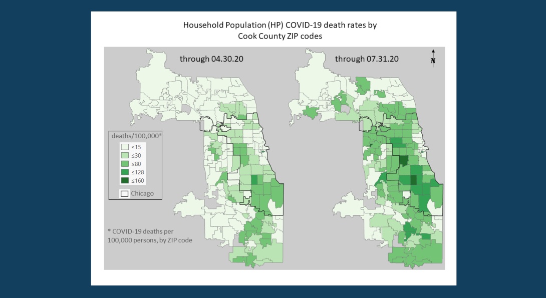 Two maps of Cook County, Illinois showing a comparison of fatalities by Zip code during the first and second waves of COVID-19.