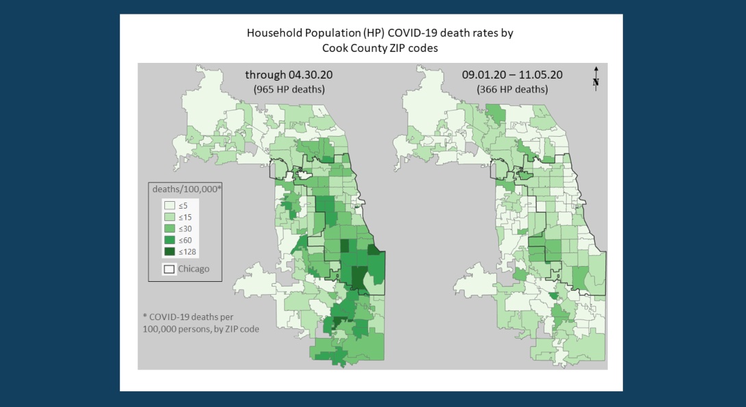 Two maps of Cook County, Illinois compare the first and second waves of COVID-19 deaths in Chicago, by looking at deaths per Zip code.