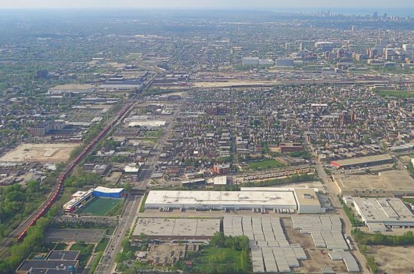 An aerial view of industries and railroads across the southwest side of Chicago