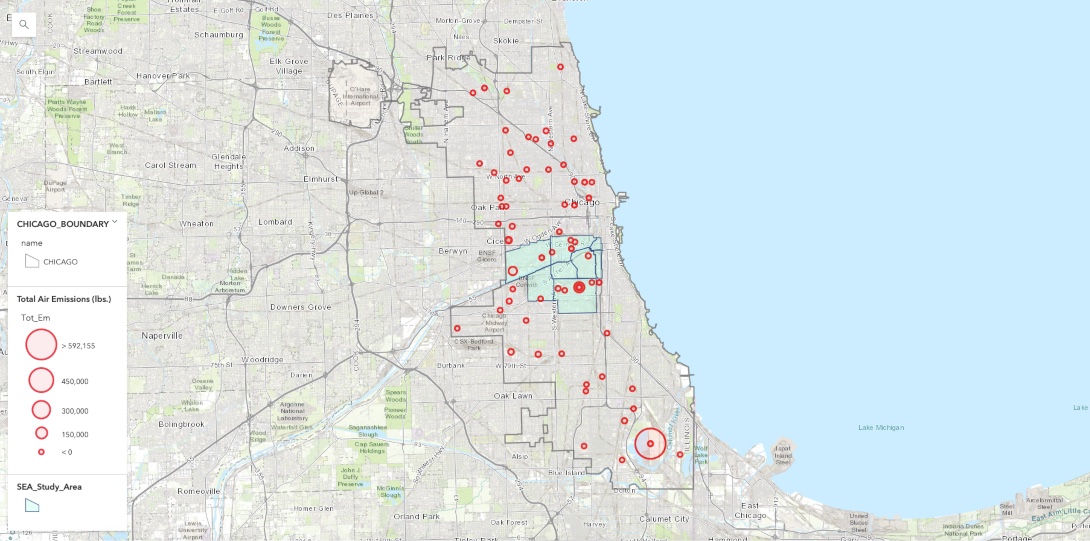 A map showing total air emissions and volume of emissions at facilities across Chicago.
