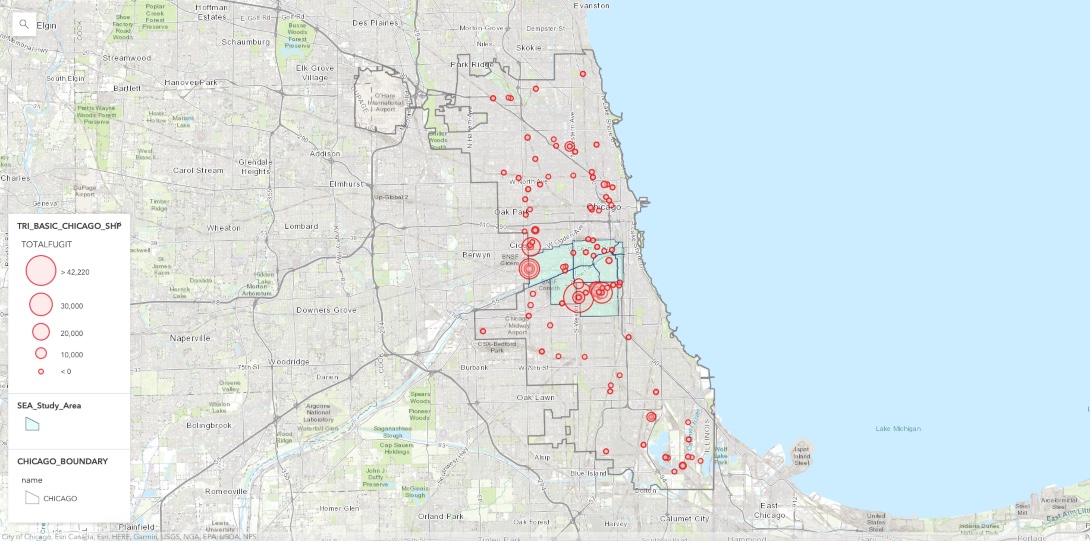 A map that shows sites with fugitive air emissions across Chicago and the volume of their emissions.