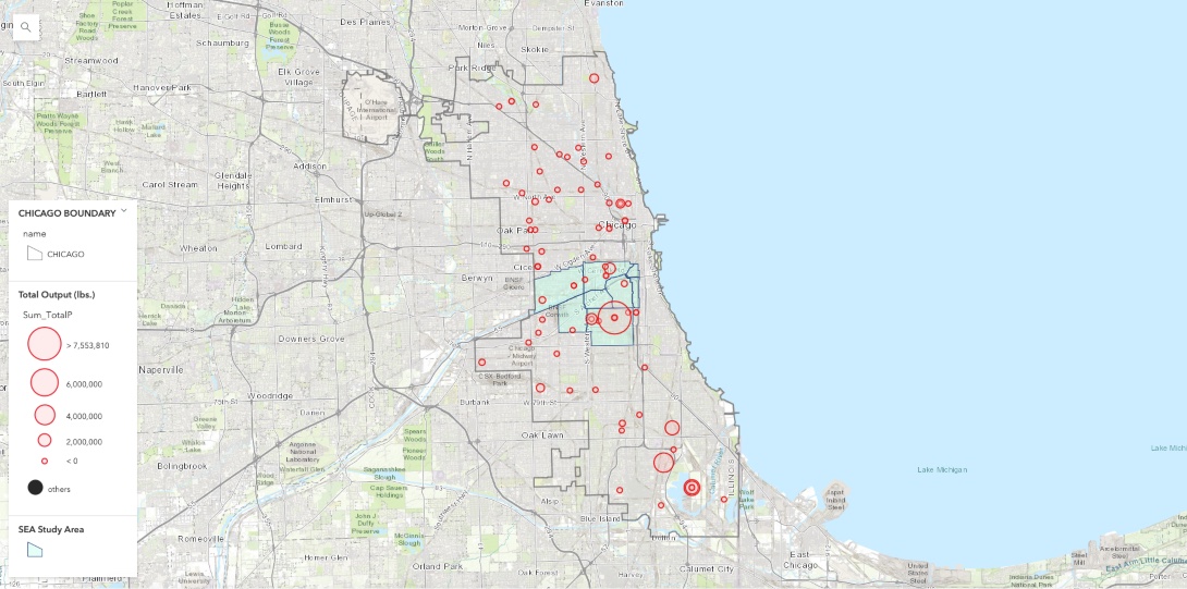 A map showing total output of toxic releases and the volume of releases across facilities in Chicago.