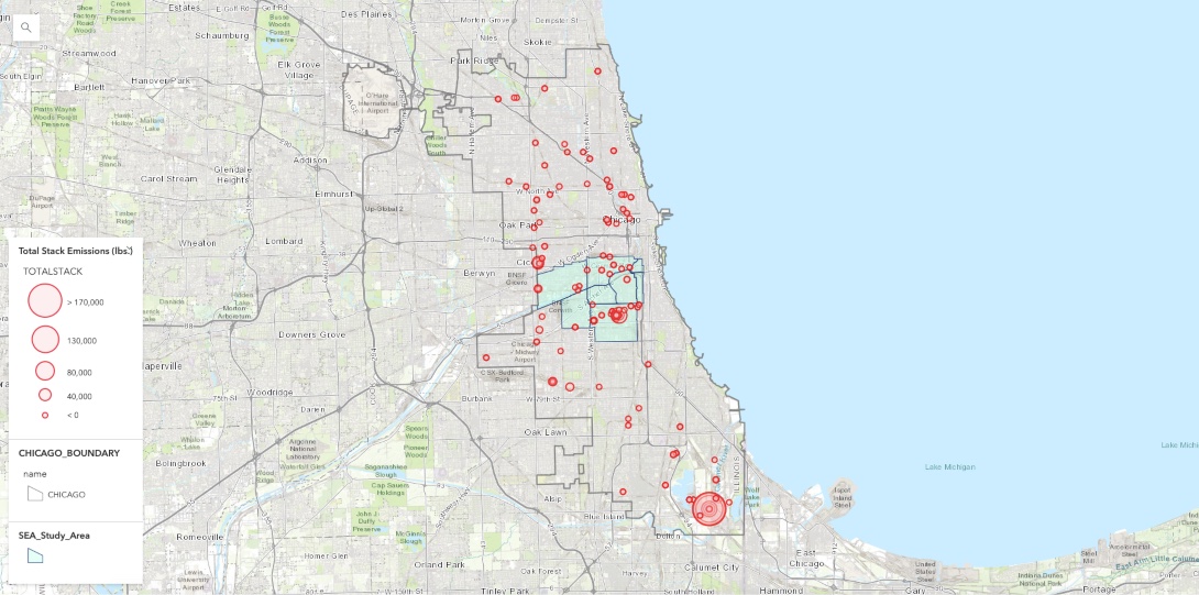 A map showing stack air emissions at facilities across Chicago, along with the volume of their emissions.