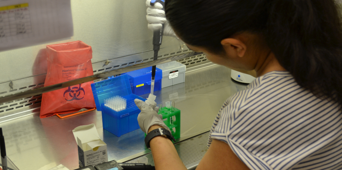 A lab technician creates a master mix, using a pipette to add water to a plastic vial.