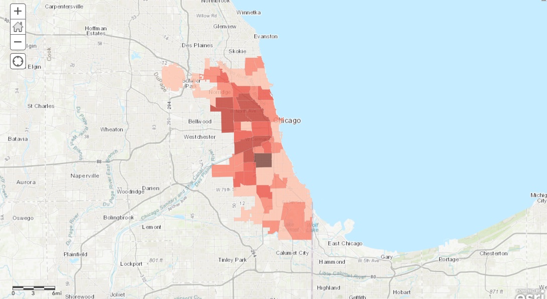 A map showing the spatial distribution of TRI School Proximity Burden scores at a community area level in Chicago.