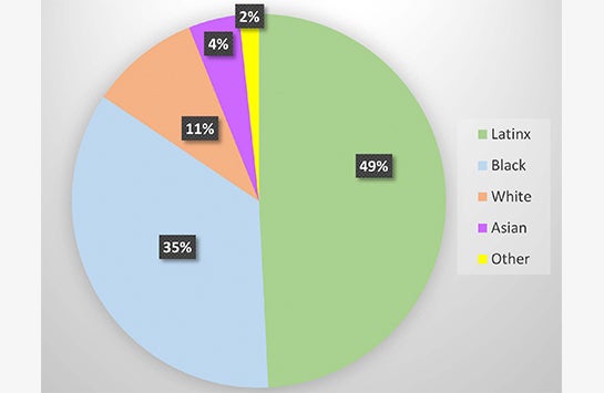 A pie chart showing the racial composition of K-8 students in Chicago Public Schools.  Latinx students represent the largest group at 49 percent.