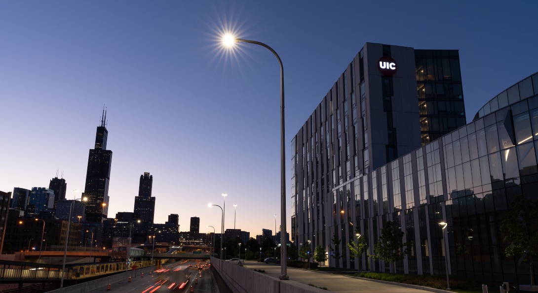 A view of Interstate 290, UIC's east campus and the Chicago skyline at dawn.