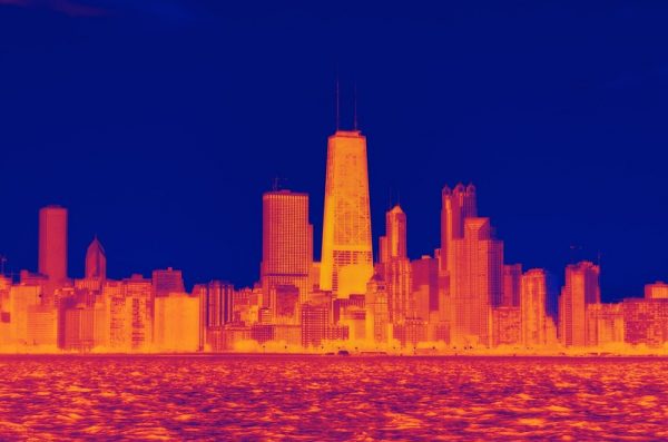 A graphical image showing heat maps of the Chicago skyline.