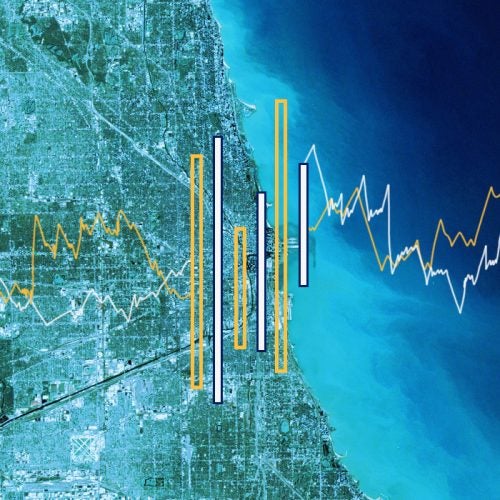 A satellite image of Chicago, with bar and line graphs overlaid on the image to signify data collection and access for the Chicagoland area.