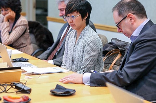 Students working at a group table