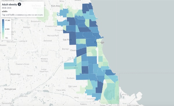 A map of Chicago neighborhood areas shaded with different colors to denote levels of adult obesity.