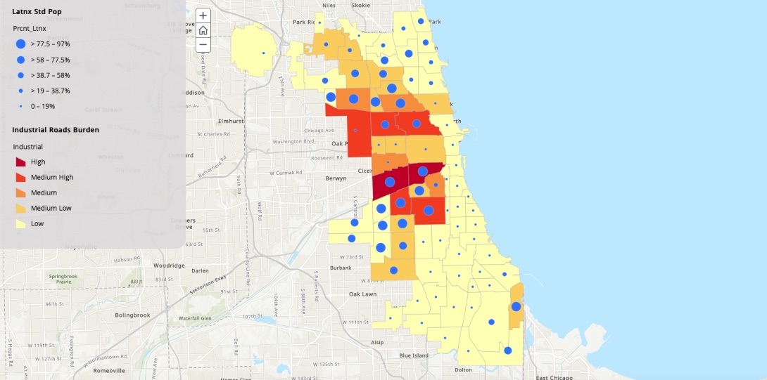 A map of Chicago community areas highlighted to show volume of exposure to industrial roads facing Chicago schoolchildren.