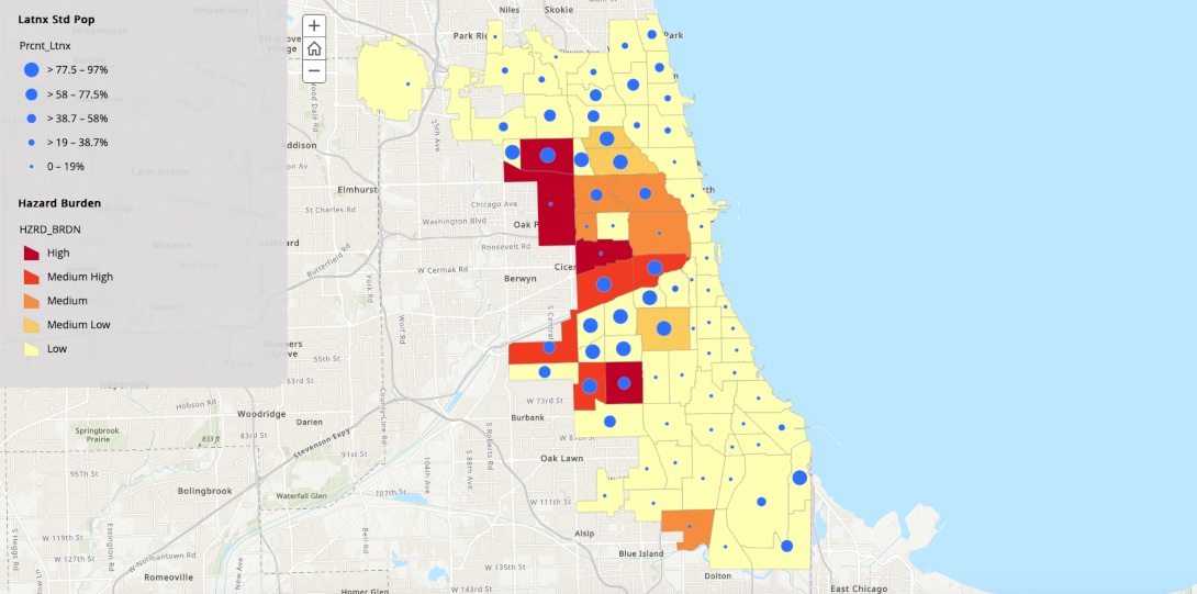 A map of Chicago community areas highlighted to show the overall hazard burden of environmental exposures facing Chicago schoolchildren.
