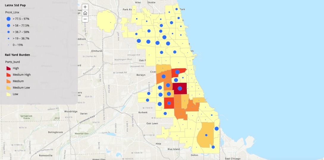 A map of Chicago community areas highlighted to show volume of exposure to rail yards facing Chicago schoolchildren.