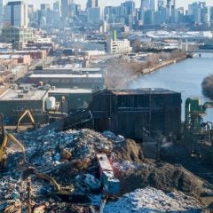 An aerial view of the General Iron scrapyard next to the Chicago River in Chicago's Lincoln Park neighborhood.