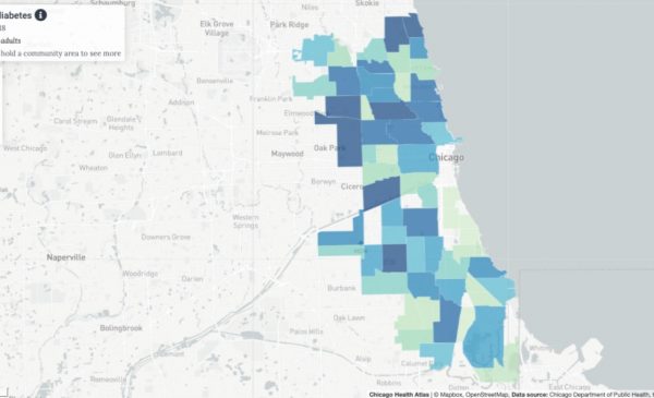 A map from the Chicago Atlas showing rates of adult diabetes across Chicago community areas.