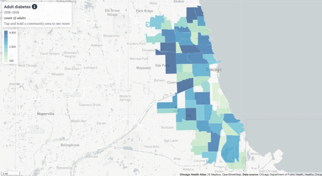 A map from the Chicago Health Atlas, showing rates of adult diabetes by community area across the City of Chicago.