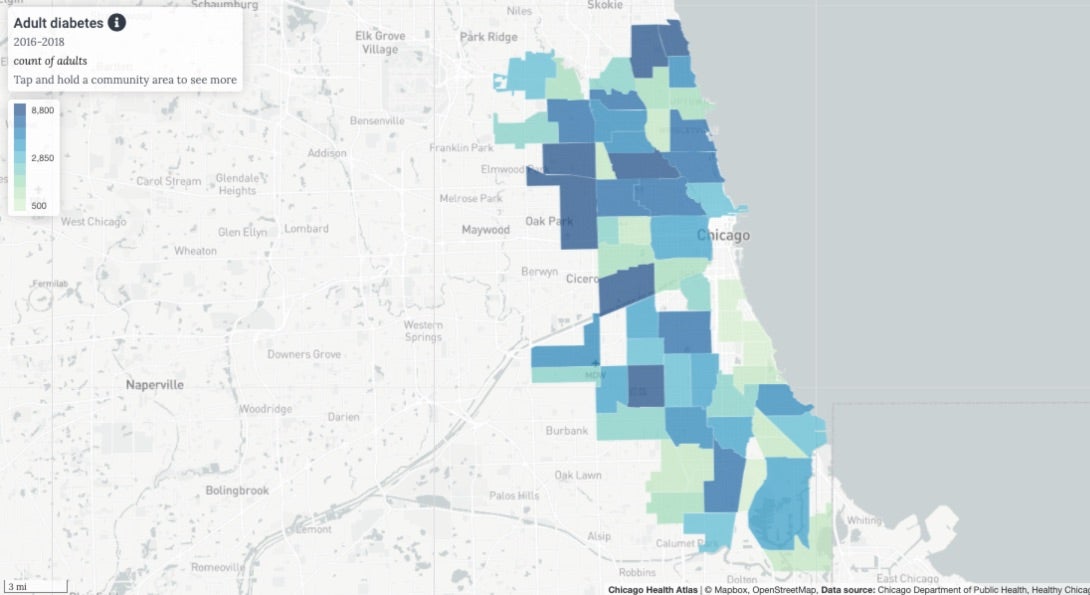 A map from the Chicago Atlas showing rates of adult diabetes across Chicago community areas.