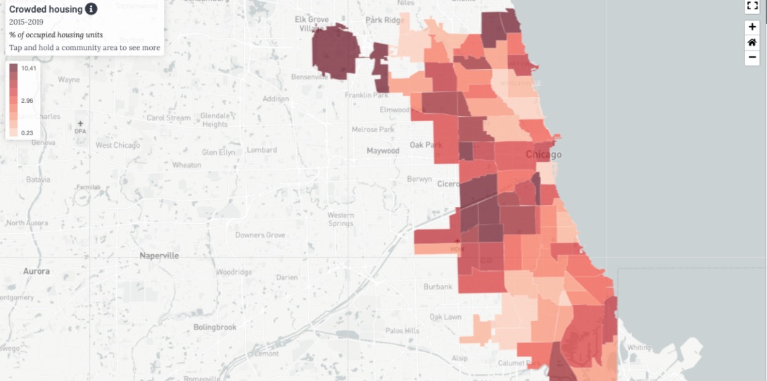 A map from the Chicago health Atlas showing rates of crowded housing across Chicago community areas.