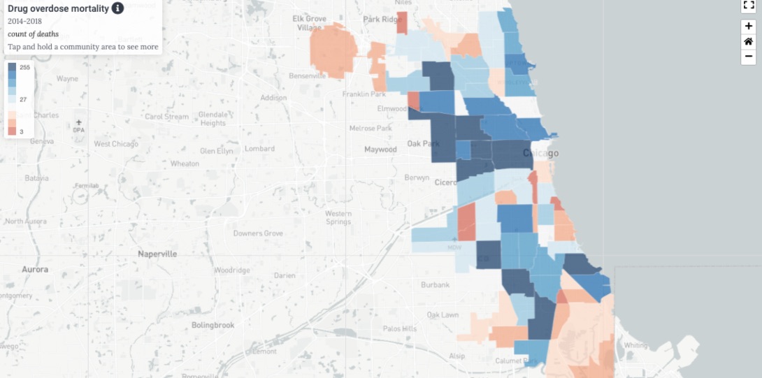A map showing rates of drug overdose mortality across community areas in Chicago.
