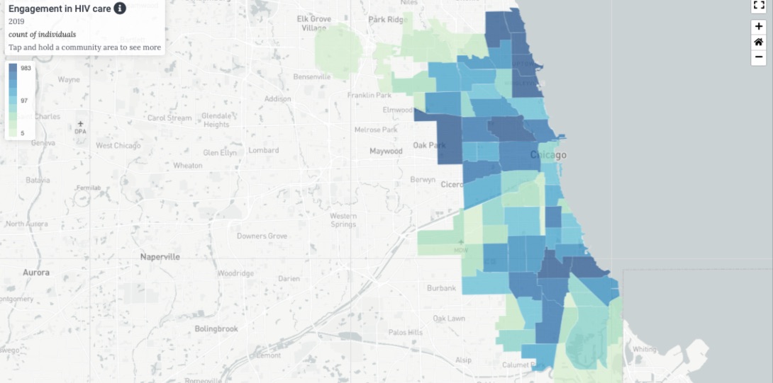 A map showing rates of HIV care engagement across Chicago community areas.
