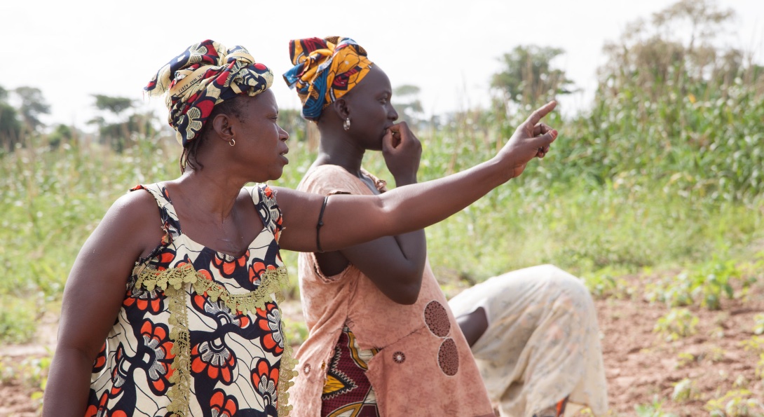 Two Senegalese women engage in a conversation about plans for a field of crops.