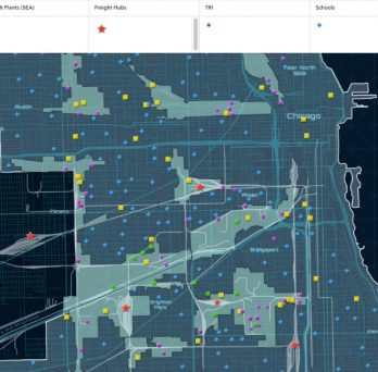 A screenshot of the new dashboard, which shows the location of schools across Chicago and their proximity to environmental hazards.
                  
