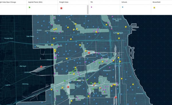 A screenshot of the new dashboard, which shows the location of schools across Chicago and their proximity to environmental hazards.