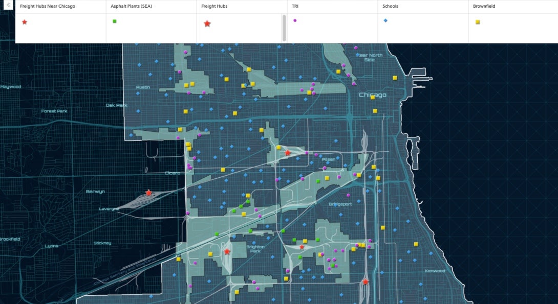 A screenshot of the new dashboard, which shows the location of schools across Chicago and their proximity to environmental hazards.