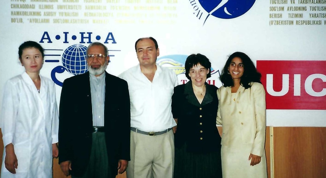Fran Jaeger poses for a photo with colleagues at a women's health center in Uzbekistan.