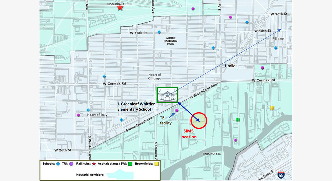 A map showing the location of Whittier School and nearby toxic emissions facilities.