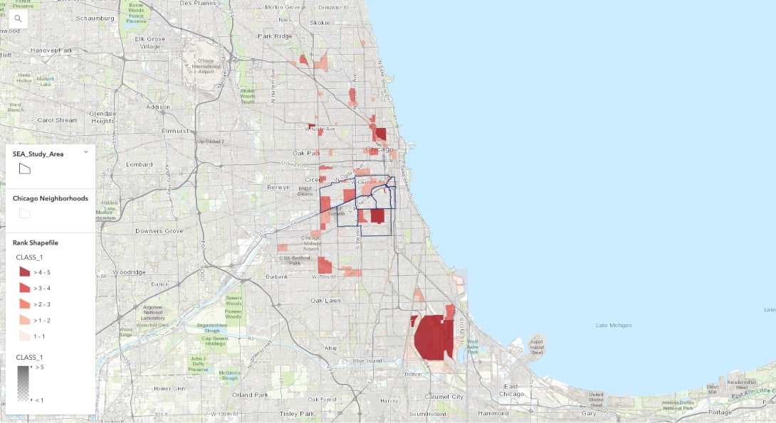 A map showing five levels of a relative pollution burden index across Cook County, Illinois.