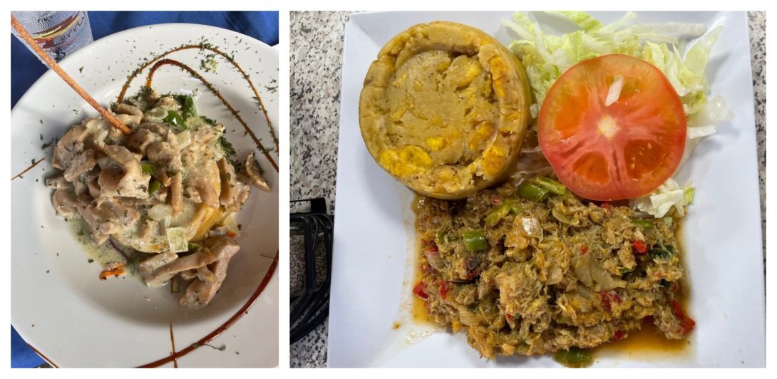 Mofongo on a plate on the left, mofongo with crab gazpacho on the right.